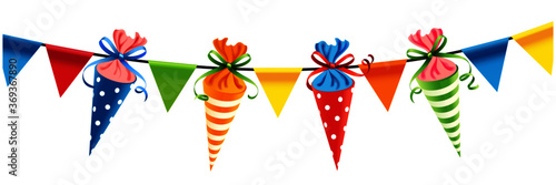 Colorful sugar bags with bows hanging on a rope