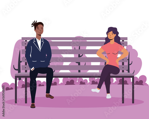 interracial young couple lovers in the park chair avatars characters