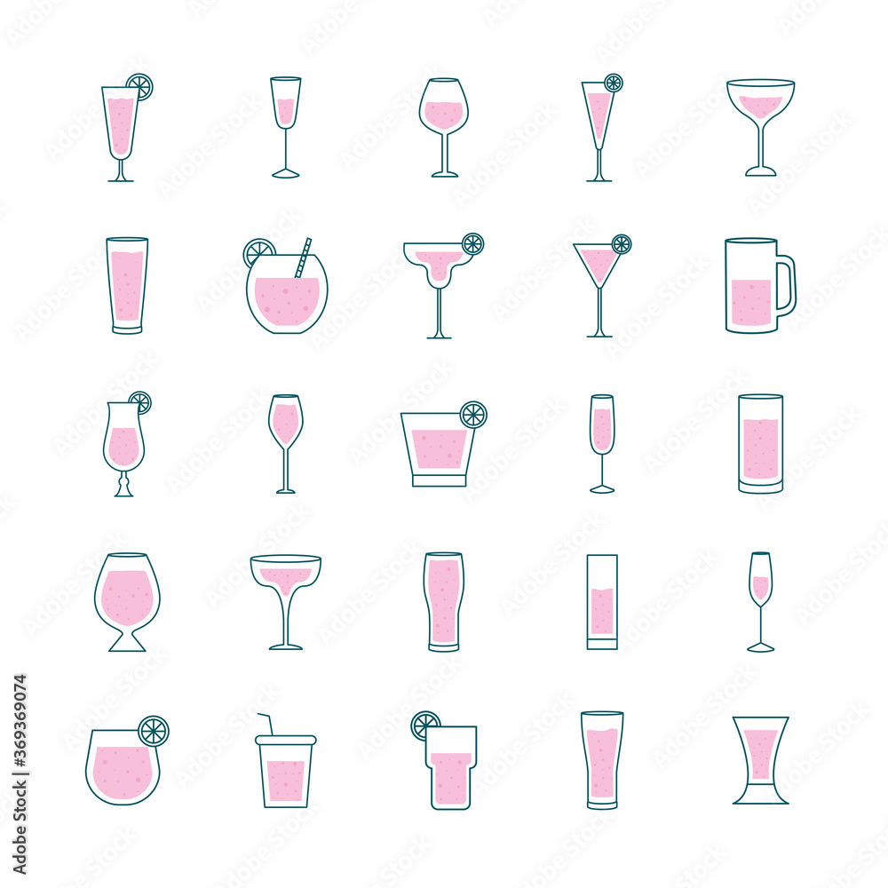 Cocktails glasses cups line and fill style icons group design, Alcohol drink bar and beverage theme Vector illustration Cocktails glasses cups line and fill style icons group design, Alcohol drink bar and beverage theme Vector illustration