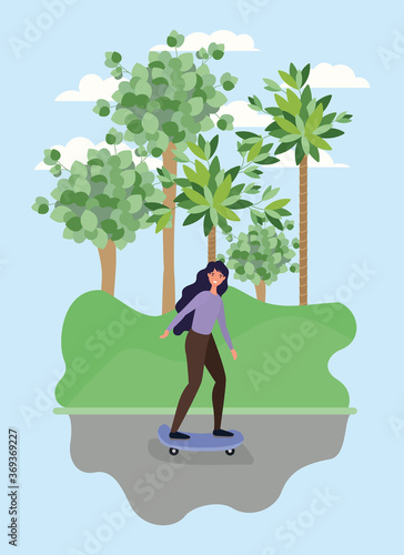 Woman cartoon on skateboard at park wit trees design, Outdoor activity theme Vector illustration