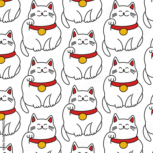 maneki neko seamless doodle pattern, vector color illustration