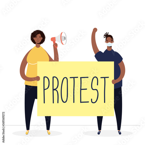 interracial couple wearing medical masks protesting with placard and megaphone