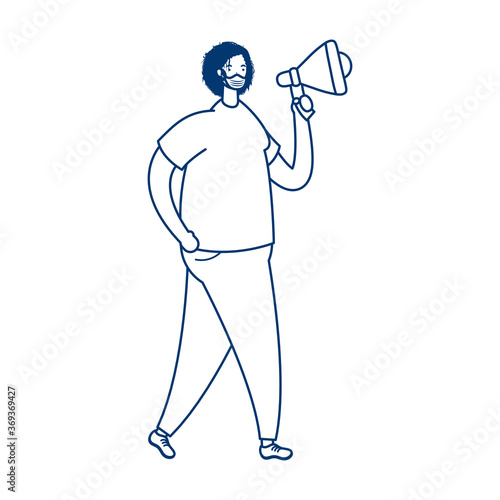 man wearing medical mask protesting with megaphone
