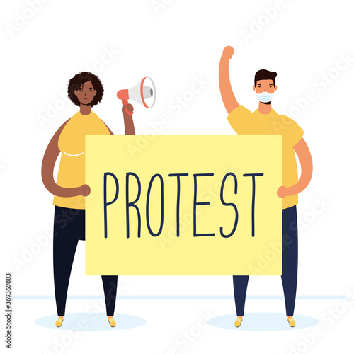 interracial couple wearing medical masks protesting with placard and megaphone