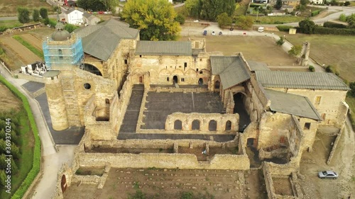 Cistercian monastery of Santa María de Carracedo in Leon,Spain. Aerial Drone Footage photo