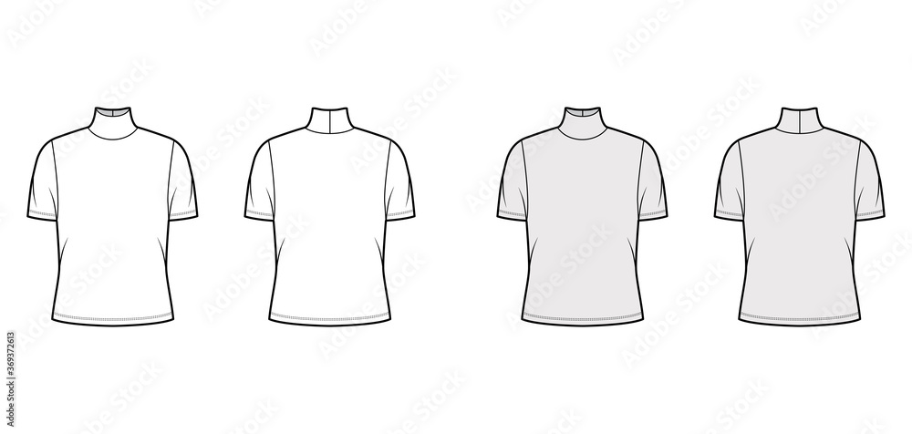 Turtleneck jersey t-shirt technical fashion illustration with short sleeves, oversized body. Flat sweater apparel template front, back white grey color. Women, men unisex outwear top CAD mockup Turtleneck jersey t-shirt technical fashion illustration with short sleeves, oversized body. Flat sweater apparel template front, back white grey color. Women, men unisex outwear top CAD mockup