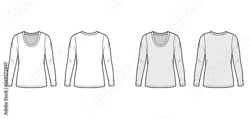 Scoop neck jersey sweater technical fashion illustration with long sleeves, oversized body tunic length. Flat shirt apparel template front back white grey color. Women men unisex outfit top CAD mockup