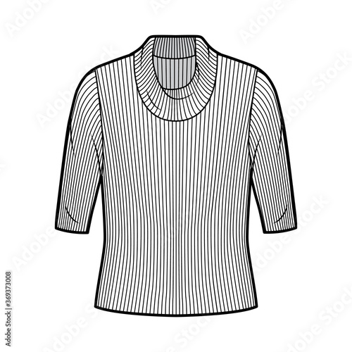 Ribbed cowl turtleneck knit sweater technical fashion illustration with elbow sleeves, oversized body. Flat sweater apparel template front, white color. Women, men unisex shirt top CAD mockup