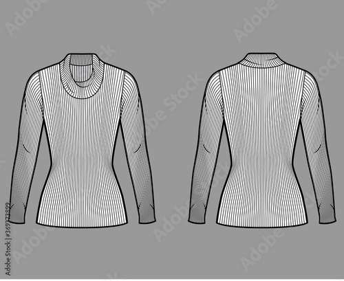 Ribbed cowl turtleneck knit sweater technical fashion illustration with long sleeves, close-fitting shape tunic length. Flat sweater apparel template front back white color. Women men unisex shirt top
