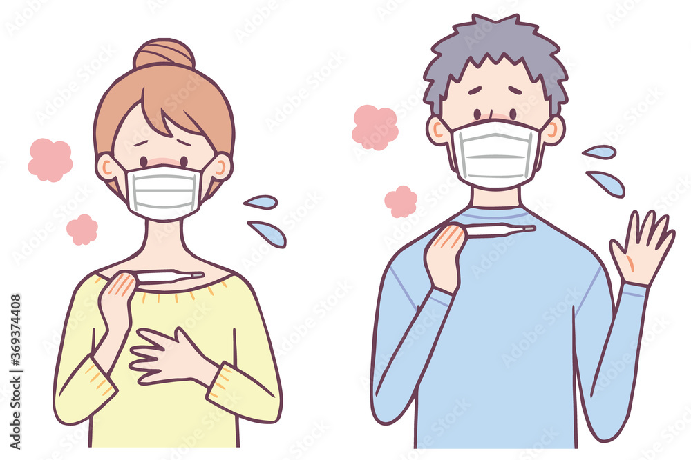 マスクをして体温計で体温を測る女性と男性 マスクをして体温計で体温を測る女性と男性