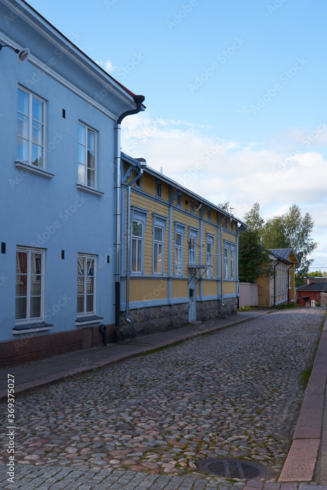 Old houses and streets of old town of Rauma city, Finland.