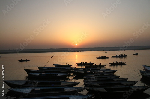 Sunset on the sea with boats