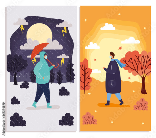 interracial young men wearing medical masks with seasonal clothes