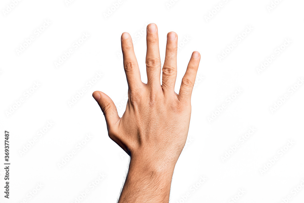 Hand of caucasian young man showing fingers over isolated white background counting number 5 showing five fingers Hand of caucasian young man showing fingers over isolated white background counting number 5 showing five fingers