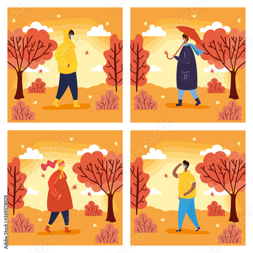 interracial young people wearing medical masks in seasonal scenes