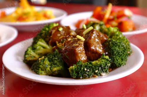 Freshly cooked beef with broccoli on a plate