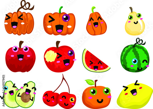 Set of Simple Vector Design of Cute Smile Fruit in Orange  Pear  Apple  Red  Watermelon  Orange and Yellow