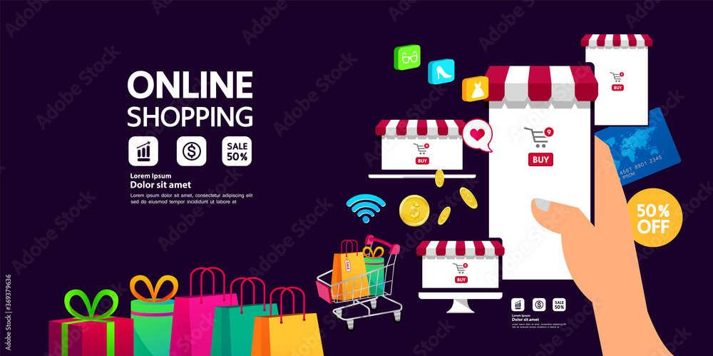 Online Shopping on Website or Mobile Application vector illustration.