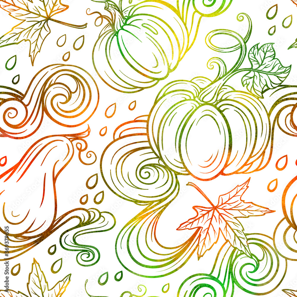 Autumn pumpkins seamless pattern. Seasonal doodles background.