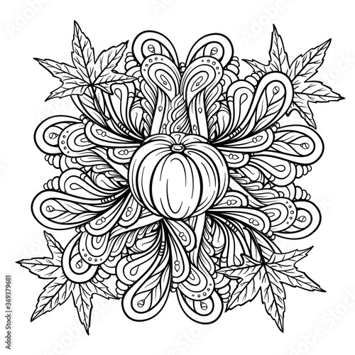 Black and white autumn ornament. Pumpkins, maple leaves and autumn floral motifs coloring page