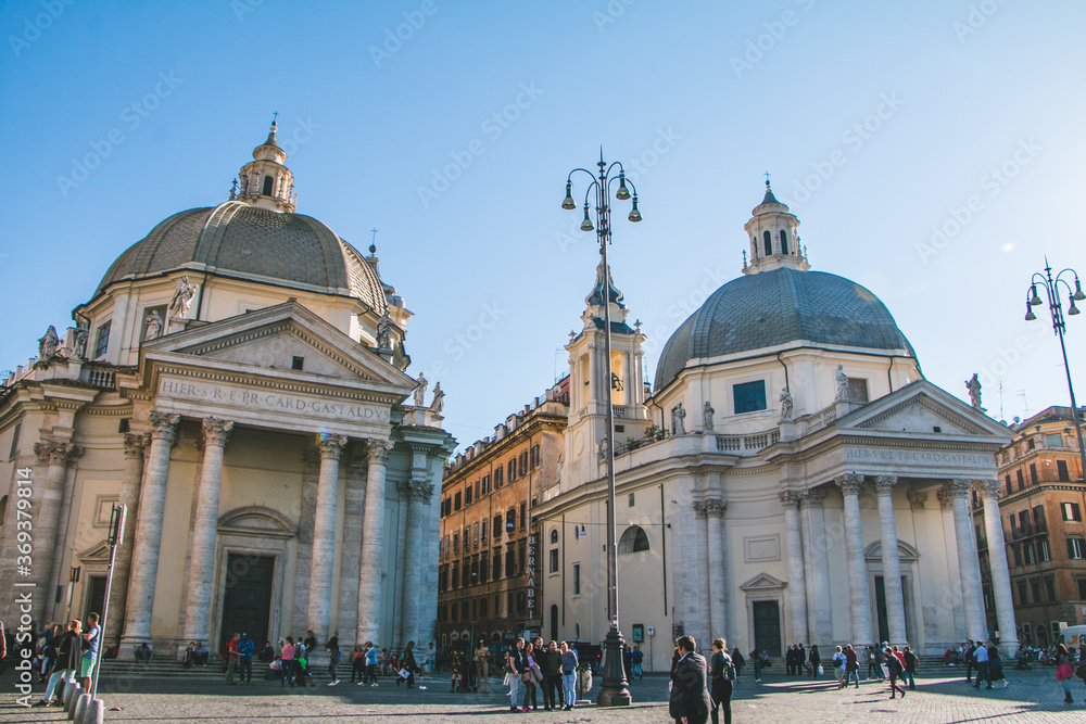 Piazza del Popolo -  twin churches of Santa Maria in Montesanto; Rome Italy 