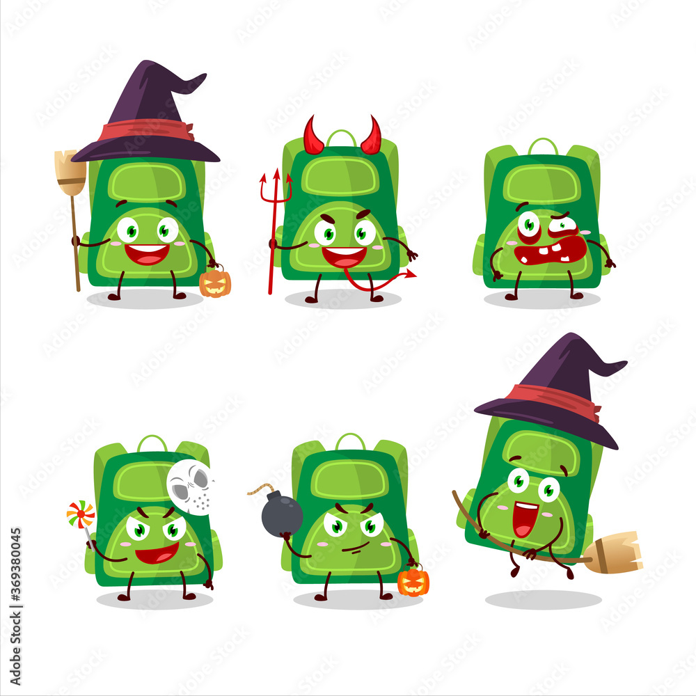 Halloween expression emoticons with cartoon character of green school bag Halloween expression emoticons with cartoon character of green school bag