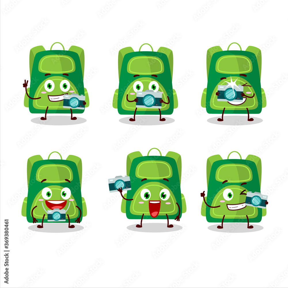 Photographer profession emoticon with green school bag cartoon character