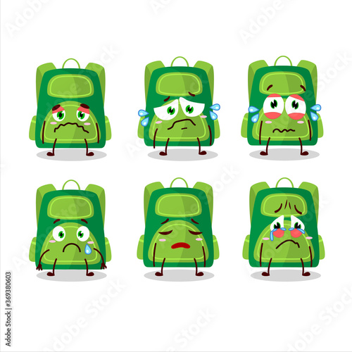 Green school bag cartoon in character with sad expression