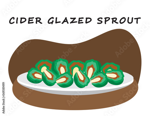 Illustration vector flat cartoon of food on happy Thanksgiving menu on dinner table as feast concept. Isolated of cider glazed sprout on plate. Vegetarian or vegan dish