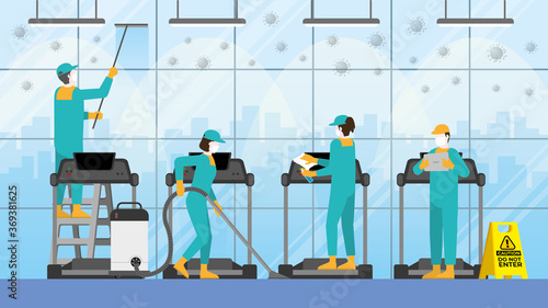 Cleaning concept. Preparing for re-open business. The cleaner team in the fitness center. Clean and check inspector service.
