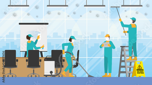 Cleaning concept. Preparing for re-open business. The cleaner team in the meeting room. Clean and check inspector service.