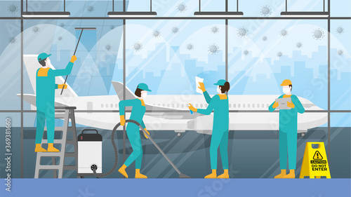 Cleaning concept. Preparing for re-open business. The cleaner team at the international airport. Clean and check inspector service.