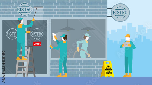 Cleaning concept. The cleaner team at the bistro cafe.  Clean and check inspector service.