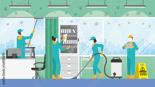 Cleaning concept. Preparing for re-open business. The cleaner team in the doctor's office. Clean and check inspector service.