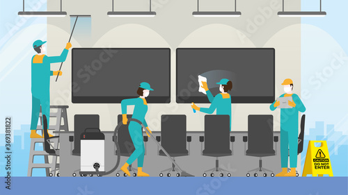 Cleaning concept. The cleaner team in the office meeting room. Clean and check inspector service.