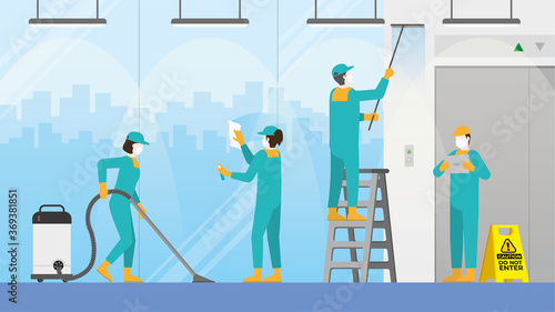 Cleaning concept. The cleaner team at the lift hall. Clean and check inspector service.