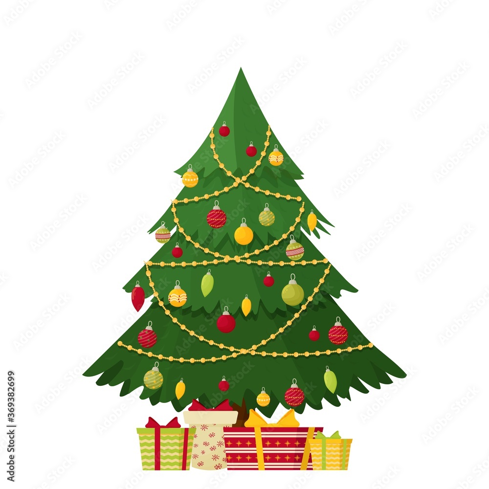 Festive Christmas tree in cartoon style stock vector illustration. Decorated green fir-tree isolated on white background. Happy New Year concept Festive Christmas tree in cartoon style stock vector illustration. Decorated green fir-tree isolated on white background. Happy New Year concept