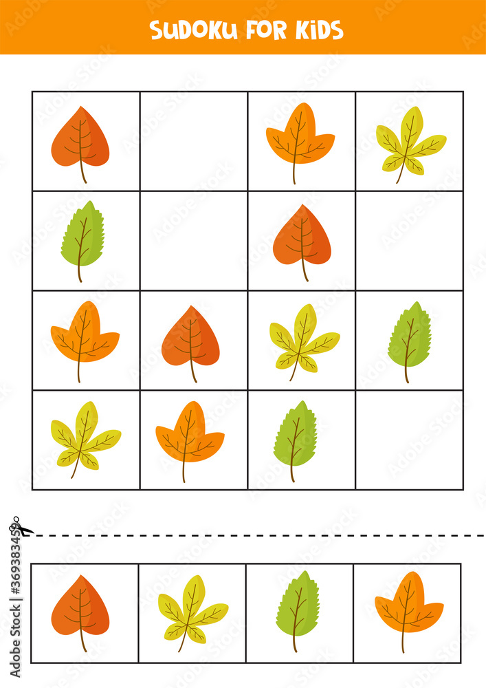 Sudoku game with cute autumn leaves. Kids puzzle. Stock Vector | Adobe Stock