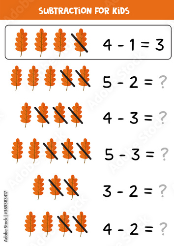 Subtraction with cute autumn leaf. Math game for kids.