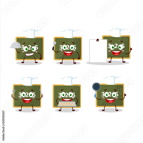 Cartoon character of chalk board with various chef emoticons