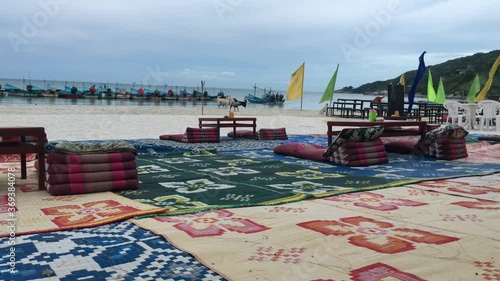 Quiet Haad Rin full moon party beach and empty bar restaurant on Koh Phangan, Thailand. Static shot photo