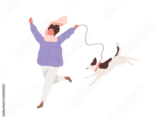 Happy girl in warm clothes running with funny dog vector flat illustration. J...