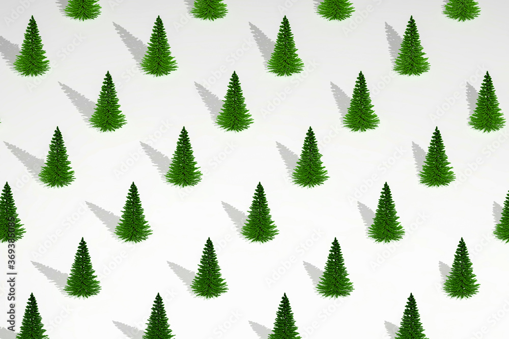 Green Christmas trees on white winter background. Minimalistic trendy pattern. New Year concept for Christmas holidays