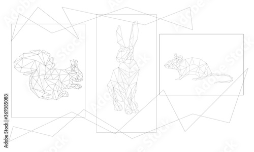 simple line vector polygone art of set with rodent animals - rabbit squirrel and mouse