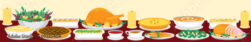 Illustration vector flat cartoon of food on happy Thanksgiving menu on dinner table as feast concept. Set of food on harvest festival on autumn. Roasted turkey and side dishes