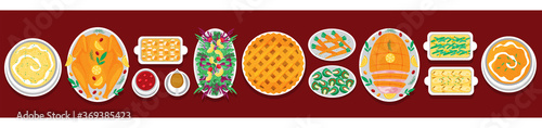Illustration vector flat cartoon of food on happy Thanksgiving menu on dinner table setting as feast concept. Set of food on harvest festival on autumn. Roasted turkey and side dishes. Flat top view