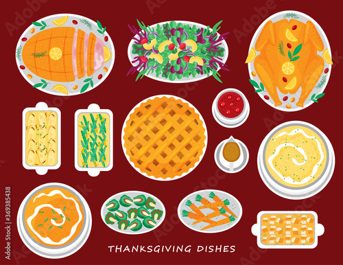 Illustration vector flat cartoon of food on happy Thanksgiving menu on dinner table setting as feast concept. Set of food on harvest festival on autumn. Roasted turkey and side dishes. Flat top view
