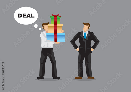 Businessman giving bribe gift to another businessman so as to win a deal. Isolated vector illustration.
