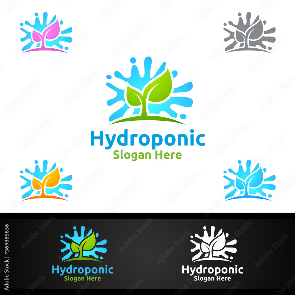 Water Hydroponic Gardener Logo with Green Garden Environment or Botanical Agriculture Design Water Hydroponic Gardener Logo with Green Garden Environment or Botanical Agriculture Design