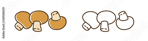 Set of colorful and monochrome fresh champignons vector flat illustration. Natural organic tasty mushrooms icon in line art style. Edible plant for healthy nutrition or diet isolated on white